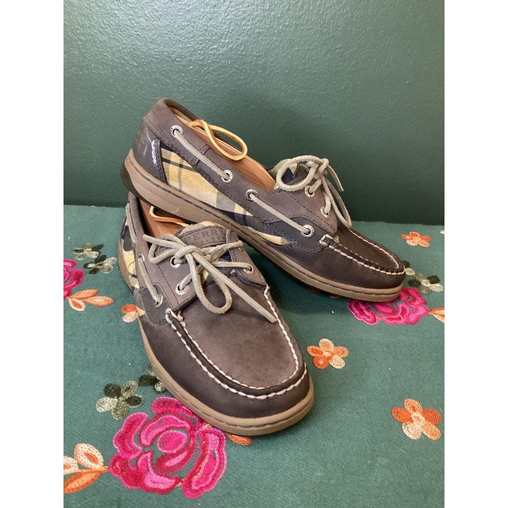 Sperry Top Sider Women's Boat Shoes‎ Gray Plaid Leather Lace Up Size 6.5